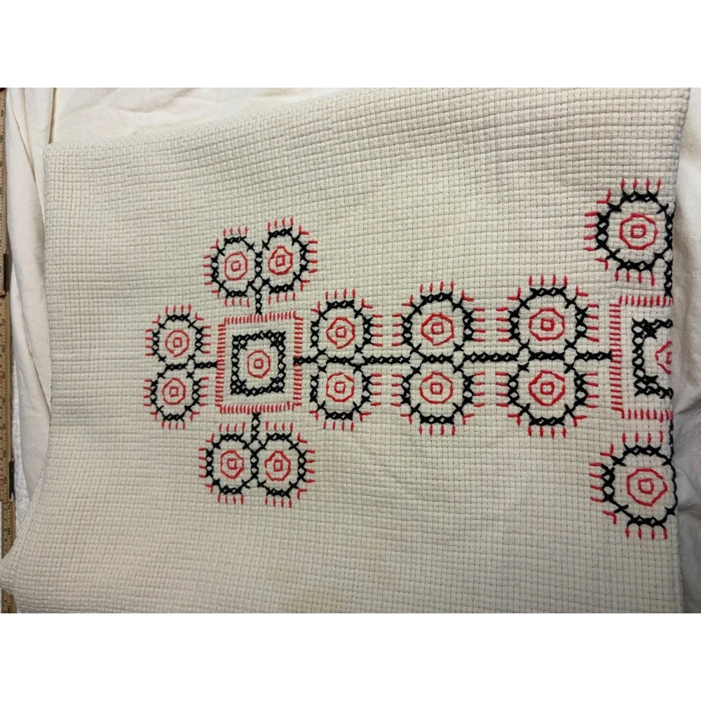 Vintage Hand Embroidered Folk Art Tablecloth Red Black Geometric 68 x 50